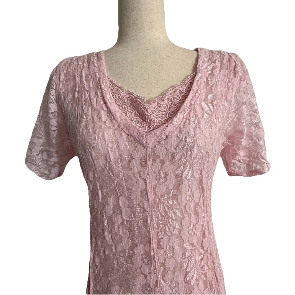 VTG Nostalgia Maxi Gauzy Lace Dress sz M Pink Short Sleeve Flowy Fairy Boho - Picture 3 of 7